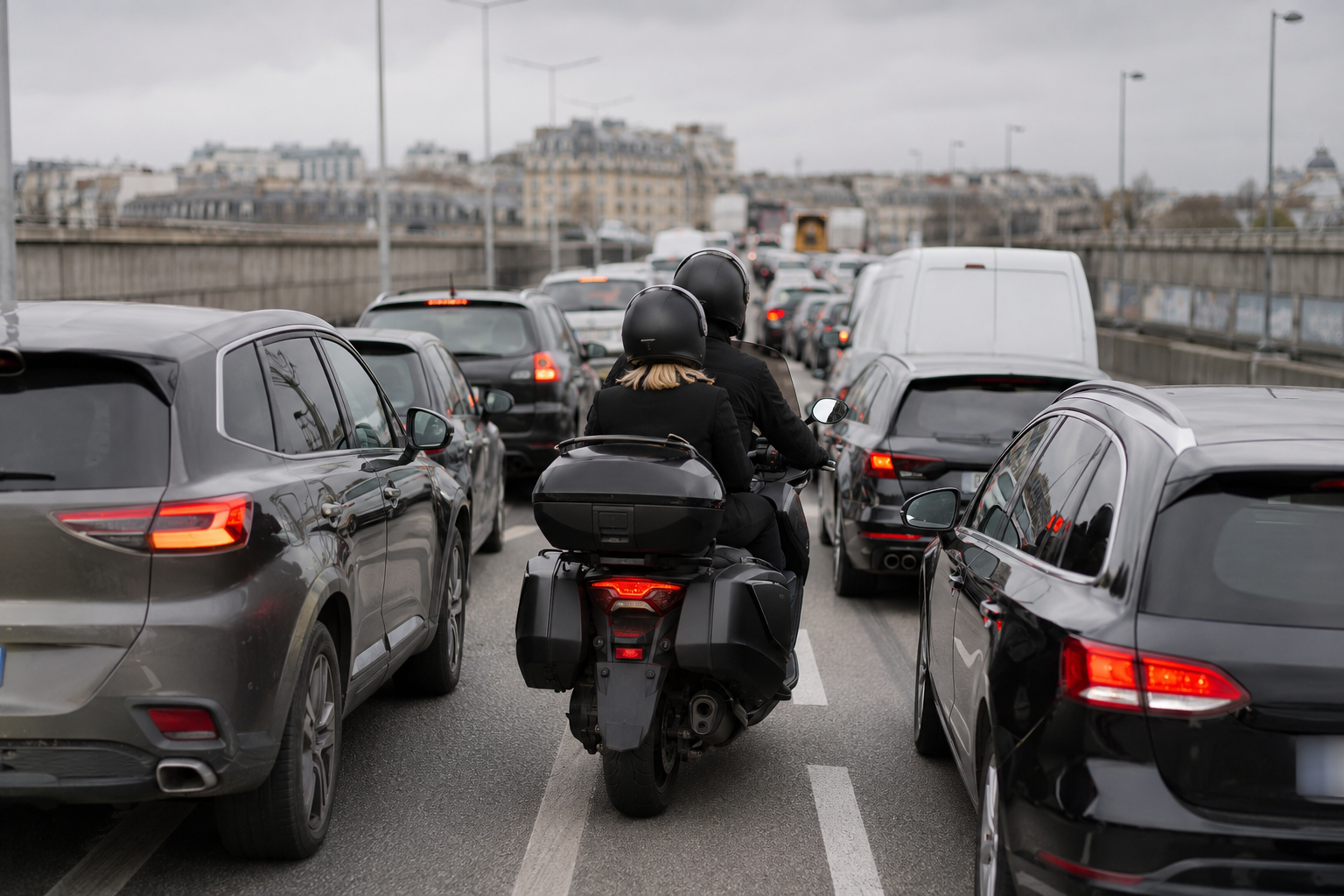 Taxi moto vu de dos sur le pont menant vers La Défense dans une circulation dense en direction de Roissy